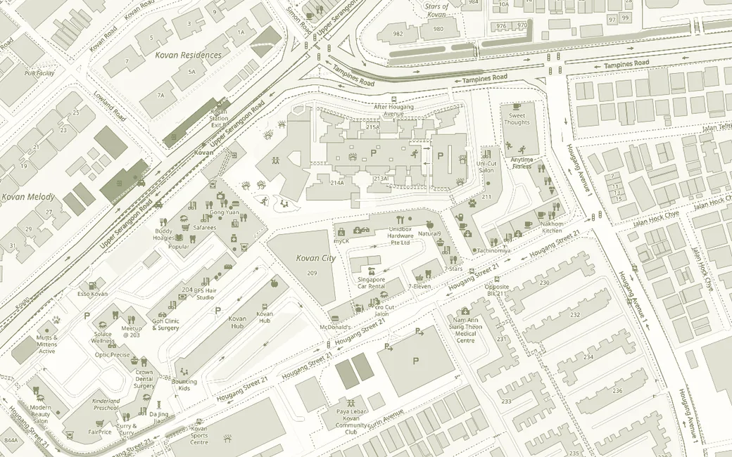Street map of Kovan. Olá Açaí is at 210 Hougang Street 21, about a 5 minute walk from Kovan MRT.