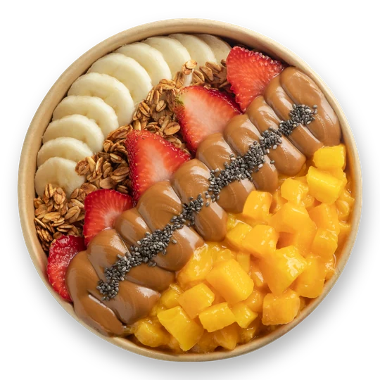 Island Gal bowl — açaí topped with sliced banana, granola, fresh strawberries, cookie butter drizzle, chia seeds and diced mango
