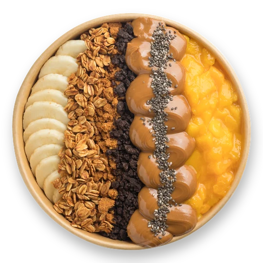 Mish Mash bowl — açaí topped with banana, granola, Oreo and lotus crumbs, drizzle, chia seeds and mango