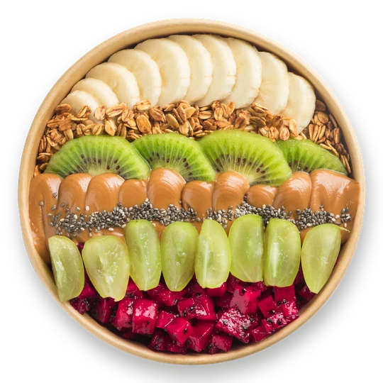 Ola Amigos bowl — açaí topped with banana, granola, kiwi, halved green grapes, drizzle, chia seeds and pink pitaya