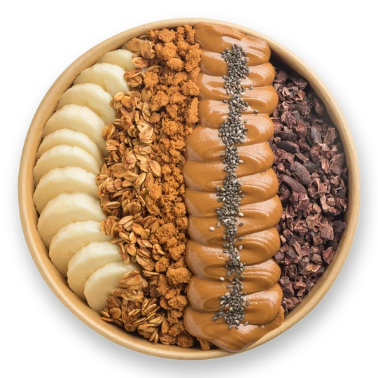 Plain Jane bowl — açaí topped with sliced banana, granola, cookie butter drizzle, chia seeds and cacao nibs