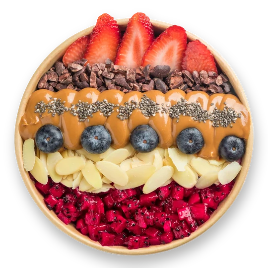 Roy's Razz bowl — açaí topped with strawberries, cacao nibs, peanut butter drizzle, blueberries, almond slices and pink pitaya